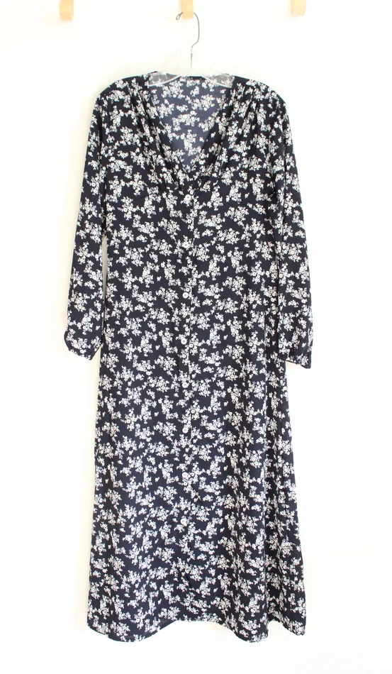 Rings Jubilee Thrift Navy White Floral Long Sleeved Button Down Dress M