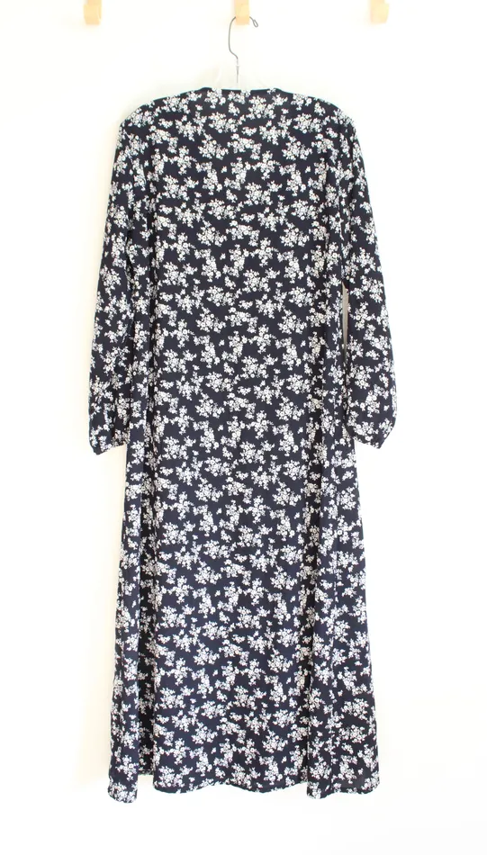 Rings Jubilee Thrift Navy White Floral Long Sleeved Button Down Dress M