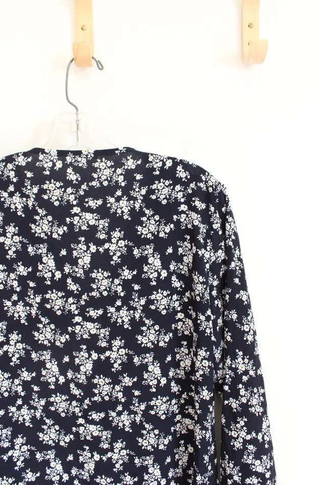 Rings Jubilee Thrift Navy White Floral Long Sleeved Button Down Dress M