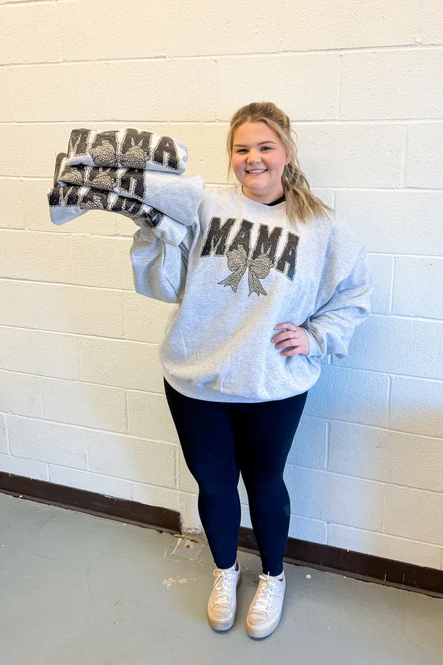 Rings Mama Leopard Bow Crewneck Sweatshirt Ash Grey JL Franklins