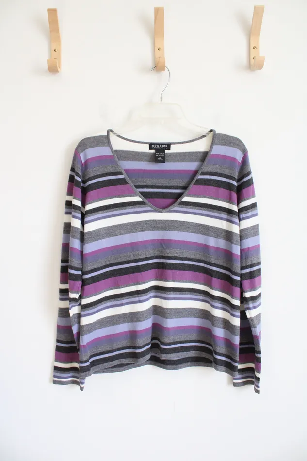 Rings New York Company New York Co Gray Purple White Striped VNeck Sweater L Rings New York Company New York Co Gray Purple White Striped VNeck Sweater L