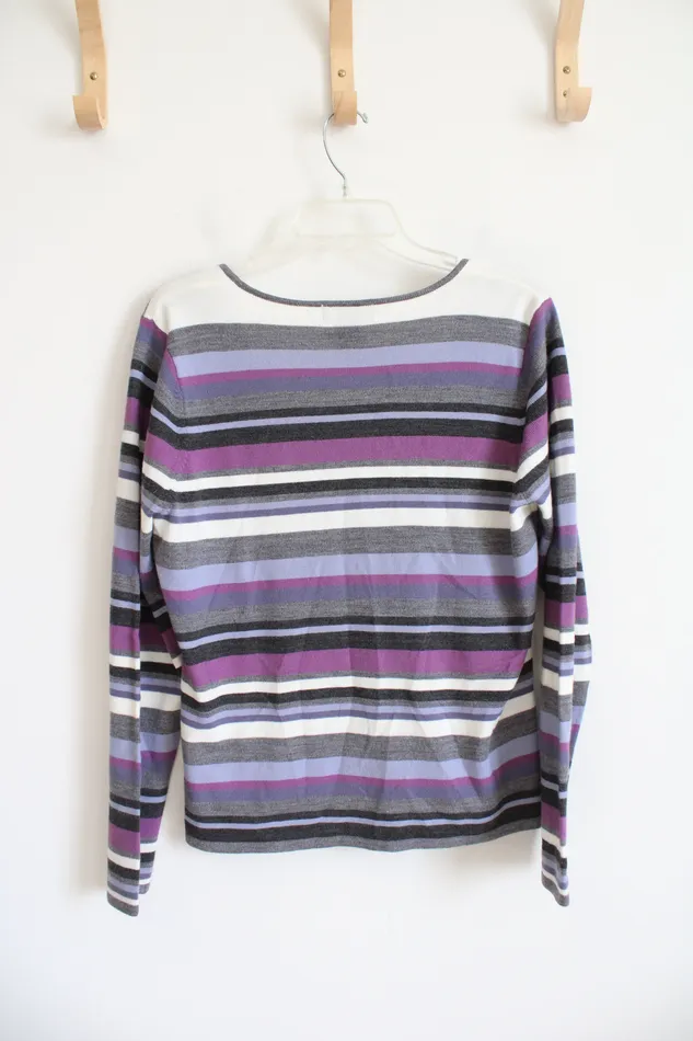 Rings New York Company New York Co Gray Purple White Striped VNeck Sweater L