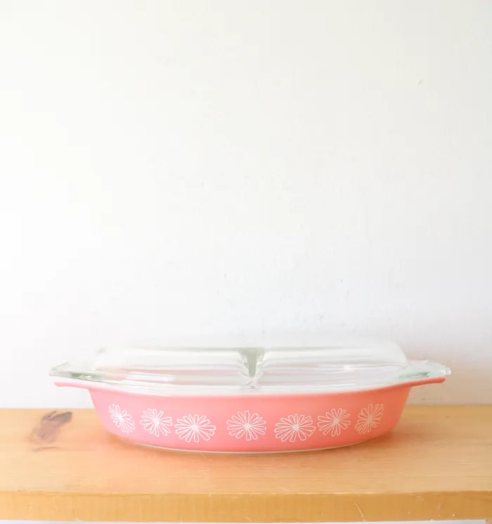 Rings Pyrex Pyrex Vintage 15 Quart Pink Daisy Oval Divided Covered Serving Dish