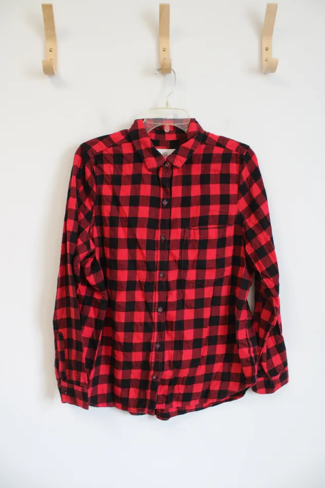 Rings SO SO Red Black Buffalo Plaid Button Down Flannel Shirt L