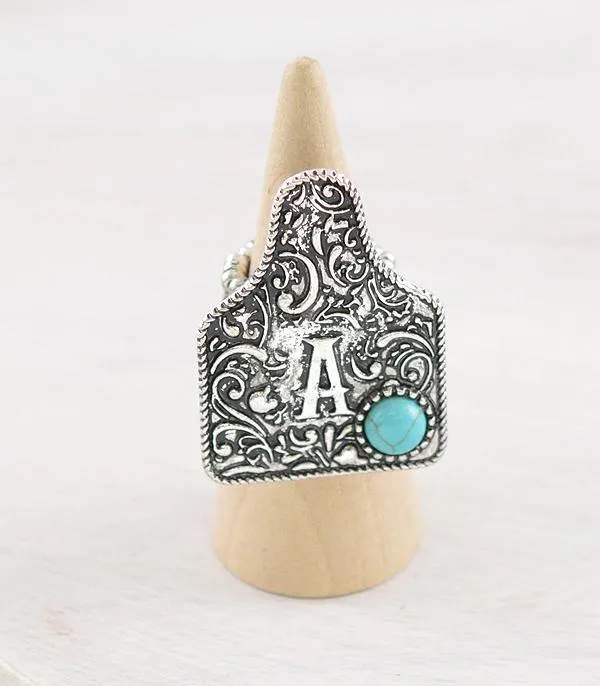 Rings YKT CATTLE TAG INITAL STRETCHY SILVER RING