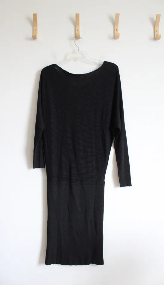 Serra Ribbed Fitted Black Shimmer Knit Long Sleeved Dress Serra Rings