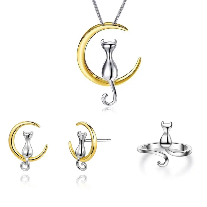 Set 3 Piezas Collar de gato Aretes de gato y Anillo de Gato Gold Shield Earrings