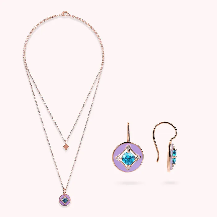 Set Collana e Orecchini Pendenti toile Smaltati Lilla con Cubic Zirconia Blu Bronzallure Earrings