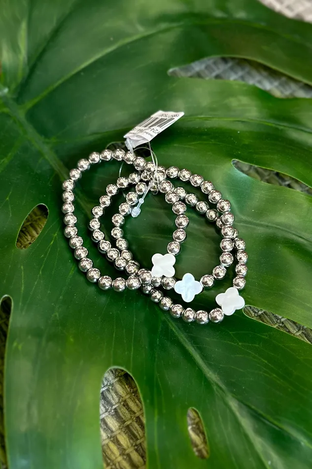 Set of Three Beaded Stretch Bracelet Featuring Clover Station Silver Judson Bracelets Set of Three Beaded Stretch Bracelet Featuring Clover Station Silver Judson Bracelets