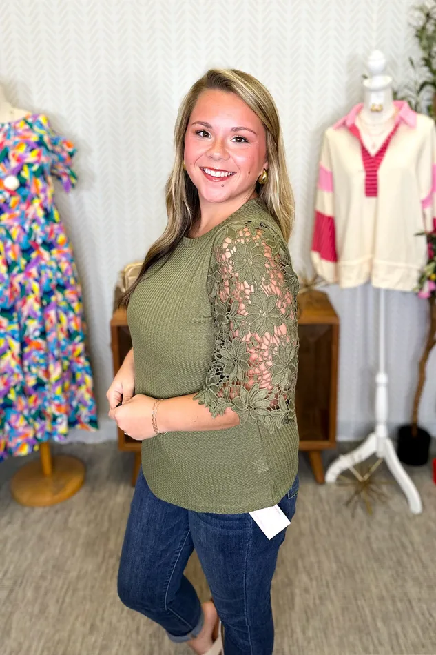 Southern Grace Necklaces Garden Romance Waffle Knit Top Olive