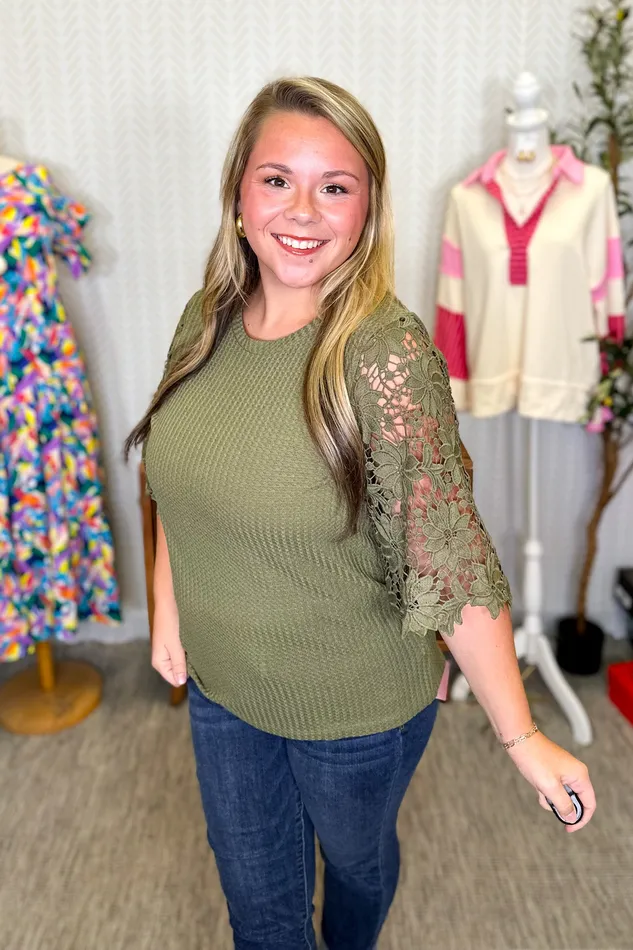Southern Grace Necklaces Garden Romance Waffle Knit Top Olive