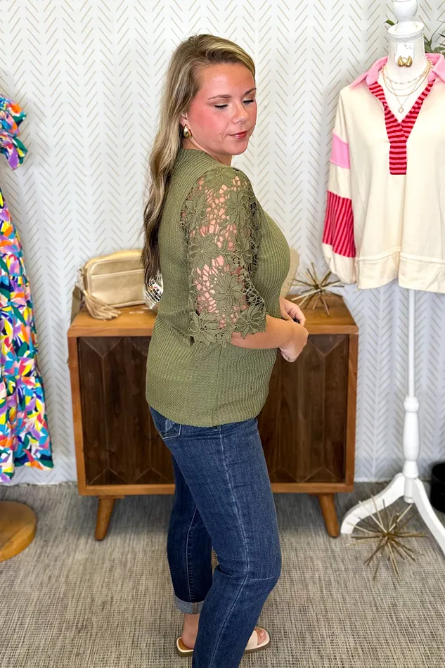 Southern Grace Necklaces Garden Romance Waffle Knit Top Olive