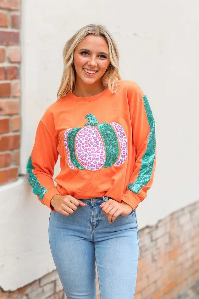 SOUTHERN GRACE WHOLESALE Rings ORANGE PUMPKIN SEQUIN SLEEVE SWEATER