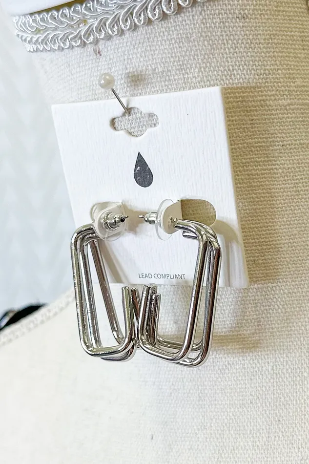 Stacked Metal Wire Rectangles Hoop Earrings Silver Judson Earrings