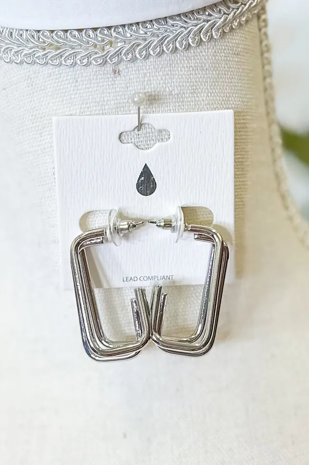 Stacked Metal Wire Rectangles Hoop Earrings Silver Judson Earrings