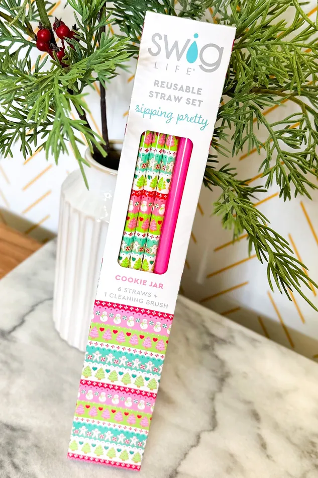 Swig Earrings Cookie Jar Pink Reusable Straw Set