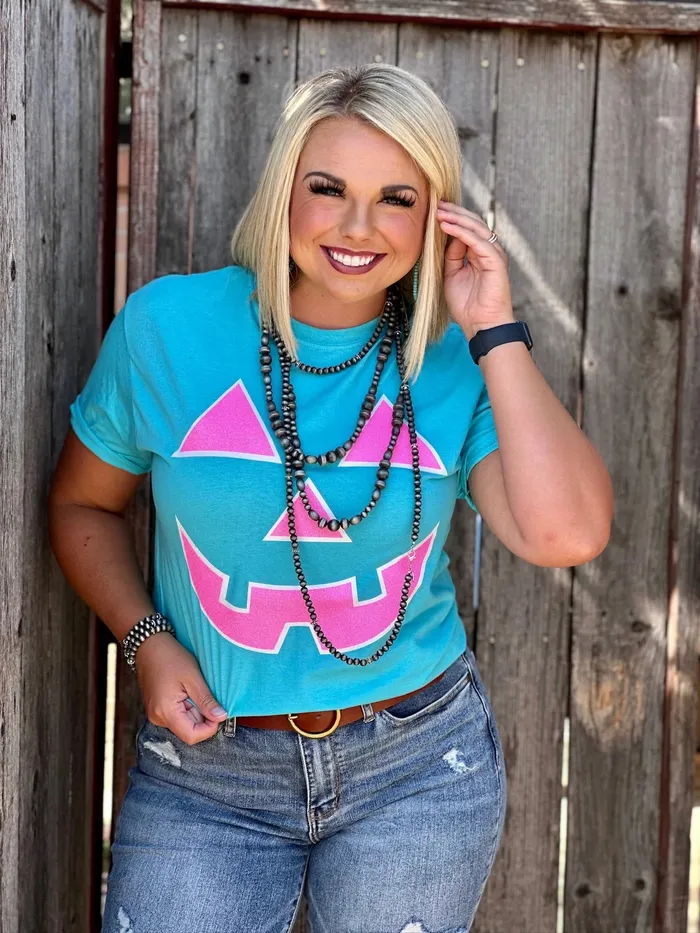 TEXAS TRUE THREADS Necklaces GLITTER JACK O LANTERN TEE SEA GREEN WITH PINK GLITTER TEXAS TRUE THREADS Necklaces GLITTER JACK O LANTERN TEE SEA GREEN WITH PINK GLITTER