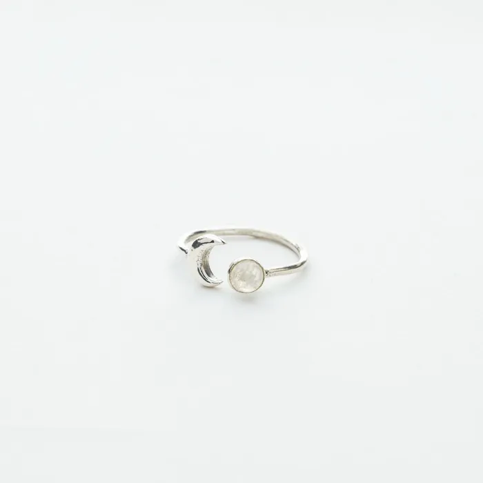 Tiger Mountain Rings Crescent Moon and Rainbow Moonstone Open Ring in Silver