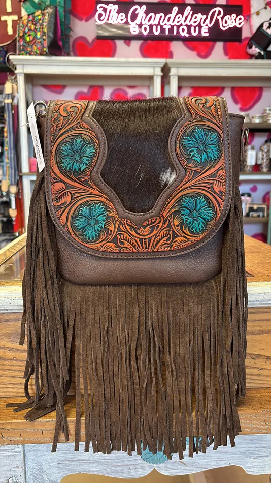 TRINITY RANCH Earrings Trinity Ranch Genuine HairOn Cowhide Tooled Fringe Crossbody Bag Coffee 2