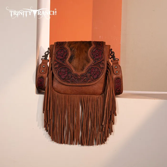TRINITY RANCH Trinity Ranch Genuine HairOn Cowhide Tooled Fringe Crossbody Bag Brown Earrings TRINITY RANCH Trinity Ranch Genuine HairOn Cowhide Tooled Fringe Crossbody Bag Brown Earrings