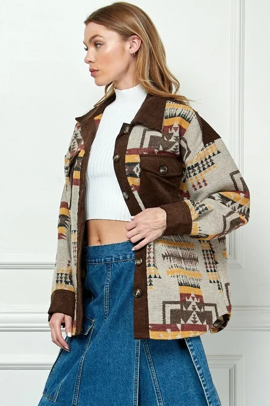 VEVERET BROWN CONTRAST PATTERN CORDUROY SHACKET Earrings
