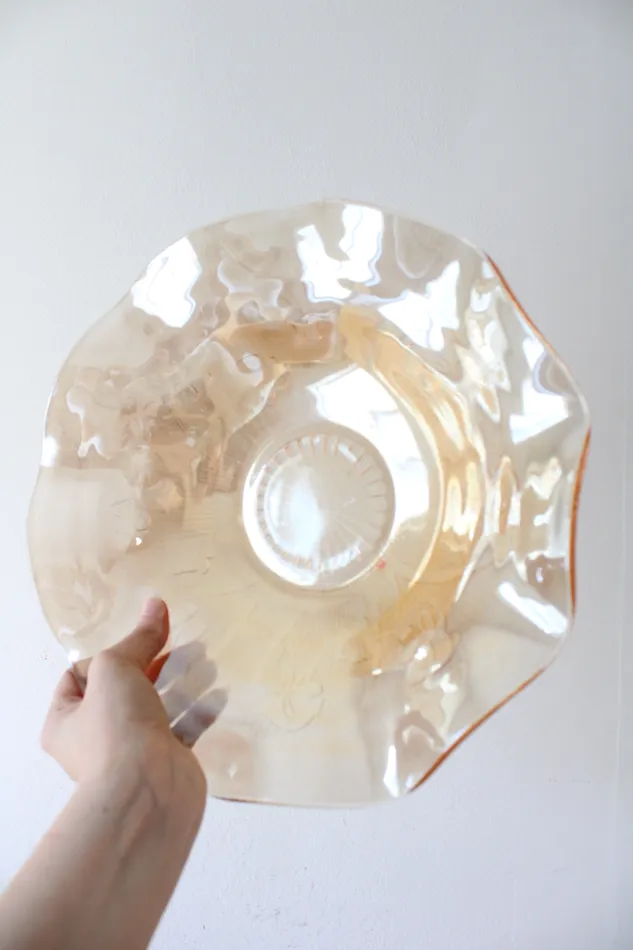 Vintage Jeannette Orange Carnival Glass Ruffled Edge Floral Patterned Bowl Jubilee Thrift Rings