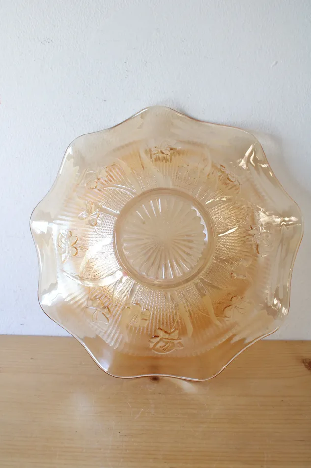 Vintage Jeannette Orange Carnival Glass Ruffled Edge Floral Patterned Bowl Jubilee Thrift Rings