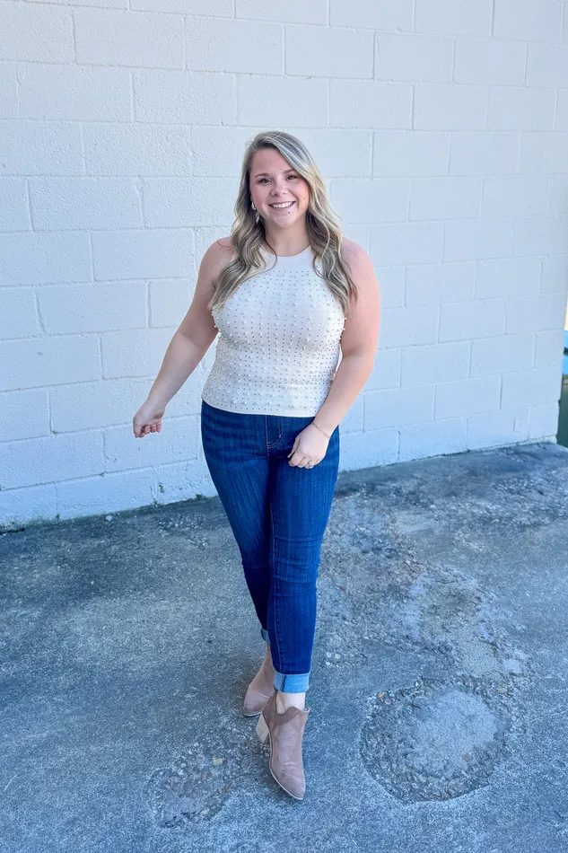 White Birch Earrings Party Ready Pearl Embellished Tank Top