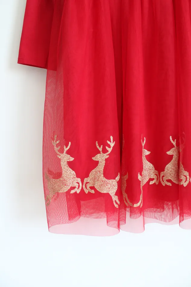 Wonder Nation Red Gold Shimmer Reindeer Tulle Long Sleeved Dress Youth L 1012 Wonder Nation Earrings