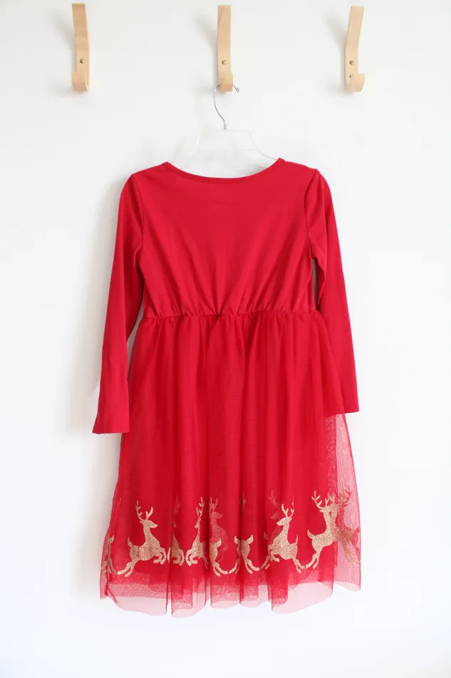 Wonder Nation Red Gold Shimmer Reindeer Tulle Long Sleeved Dress Youth L 1012 Wonder Nation Earrings