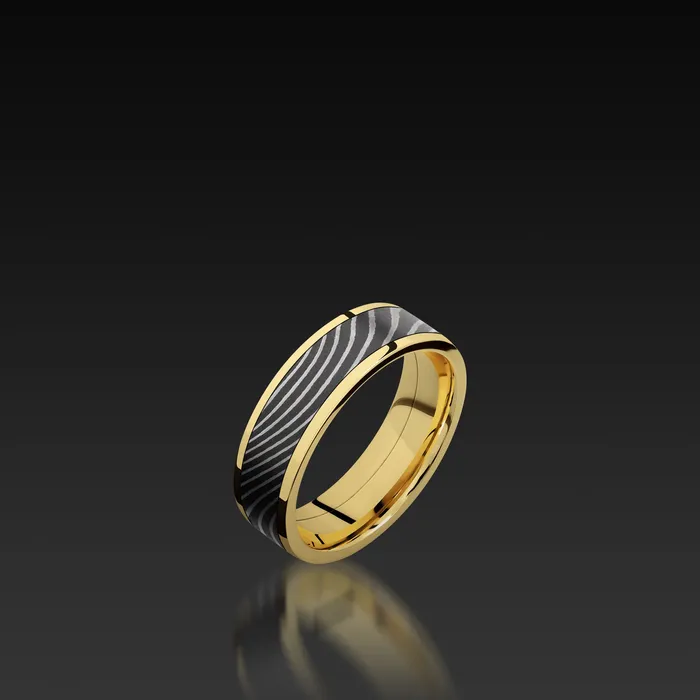 Yellow Gold Flat Band with Flattwist Damascus Steel Shop John Atencio Rings