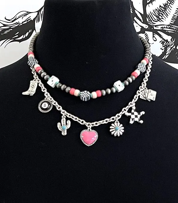 YKT Necklaces Western Charm Necklace Pink Heart Center Two In One Multi