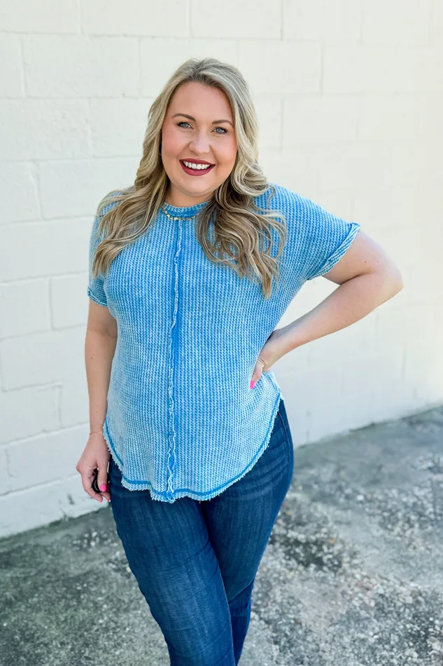 Zenana Earrings Back Then Right Now Waffle Knit Top Deep Sky